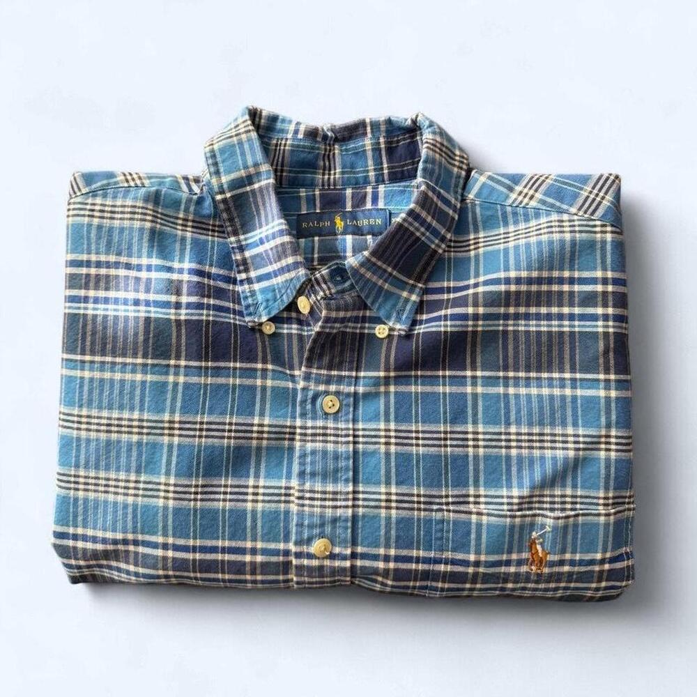 Ralph Lauren short-sleeve button-down shirt (XL) in a classic blue and navy plai